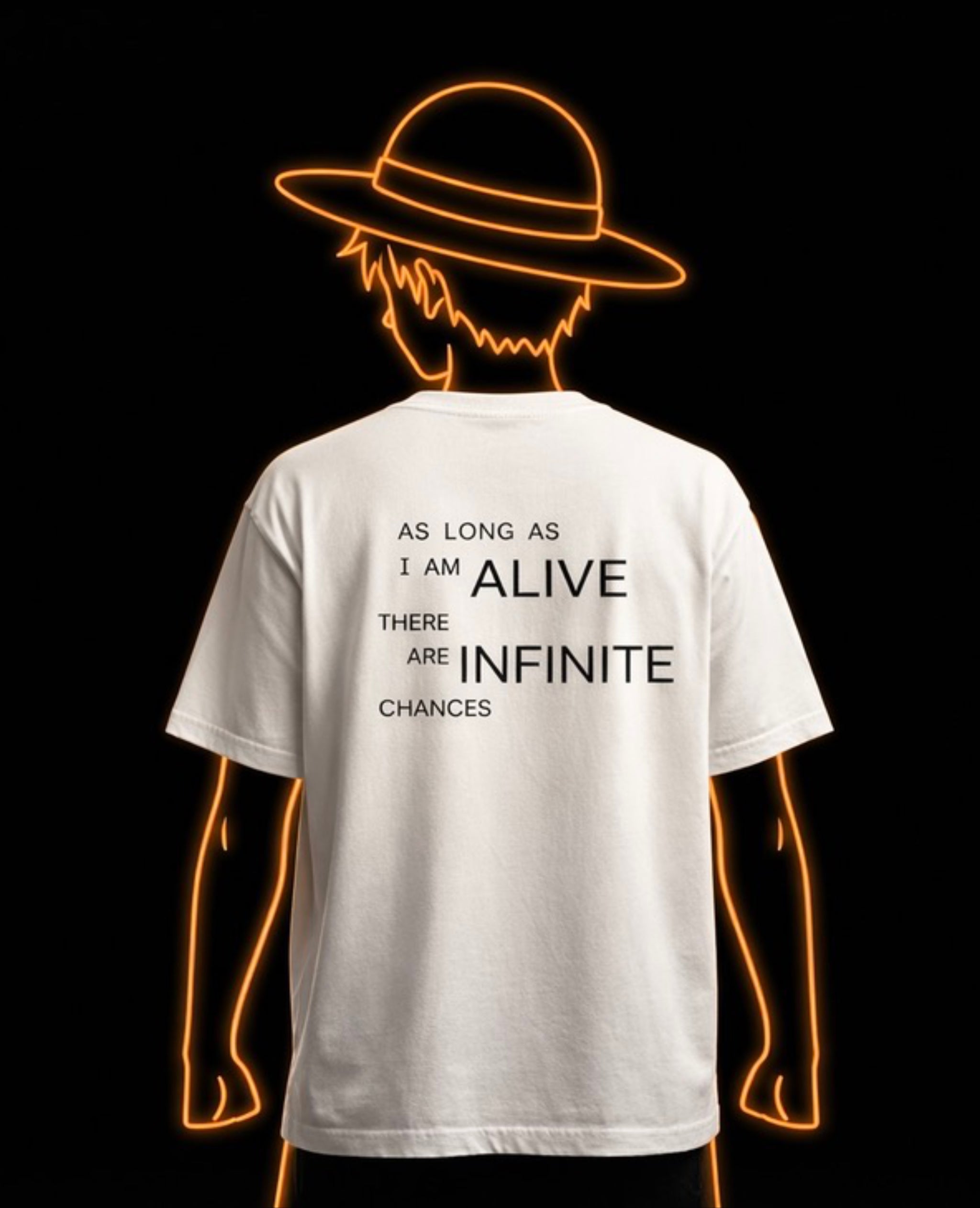 Person wearing a White t-shirt with a motivational quote on the back, illuminated against a dark background.