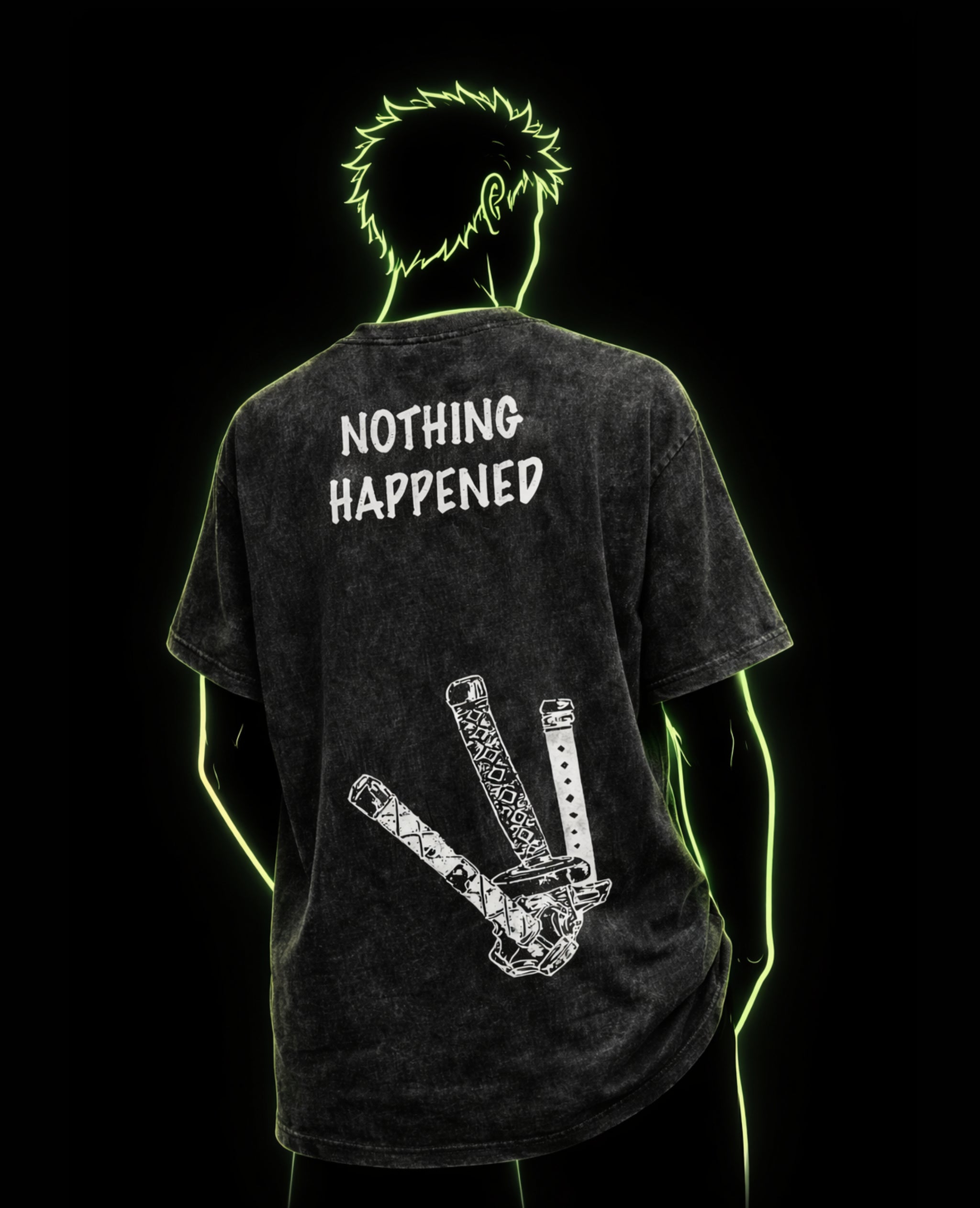 AW-Black t-shirt with 'NOTHING HAPPENED' text and design on the back, worn by a person with neon green outlines.