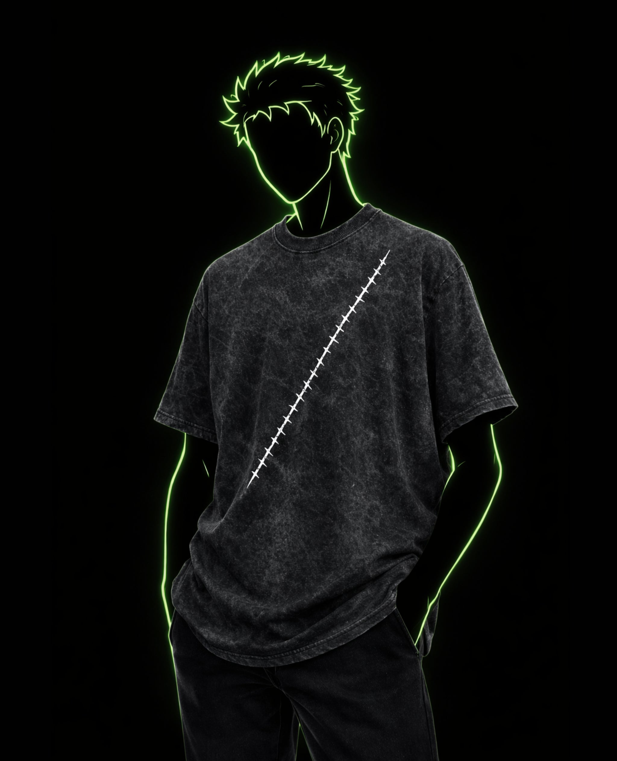 Person wearing a AW-Black t-shirt with a white diagonal stripe, outlined with green neon lights on a black background.